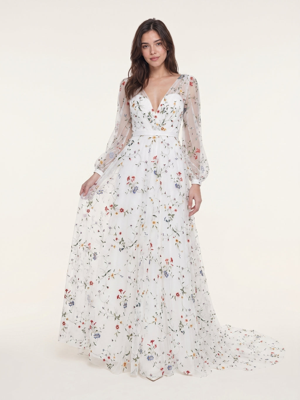 Ethereal White Tulle A-Line V-Neck V-Back Floor-Length Mother of the Bride Dress