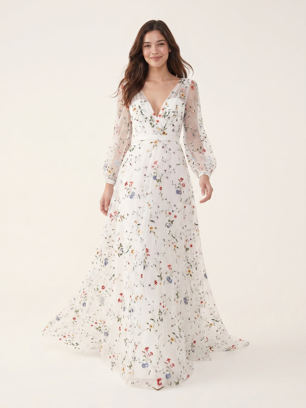 Ethereal White Tulle A-Line V-Neck V-Back Floor-Length Mother of the Bride Dress