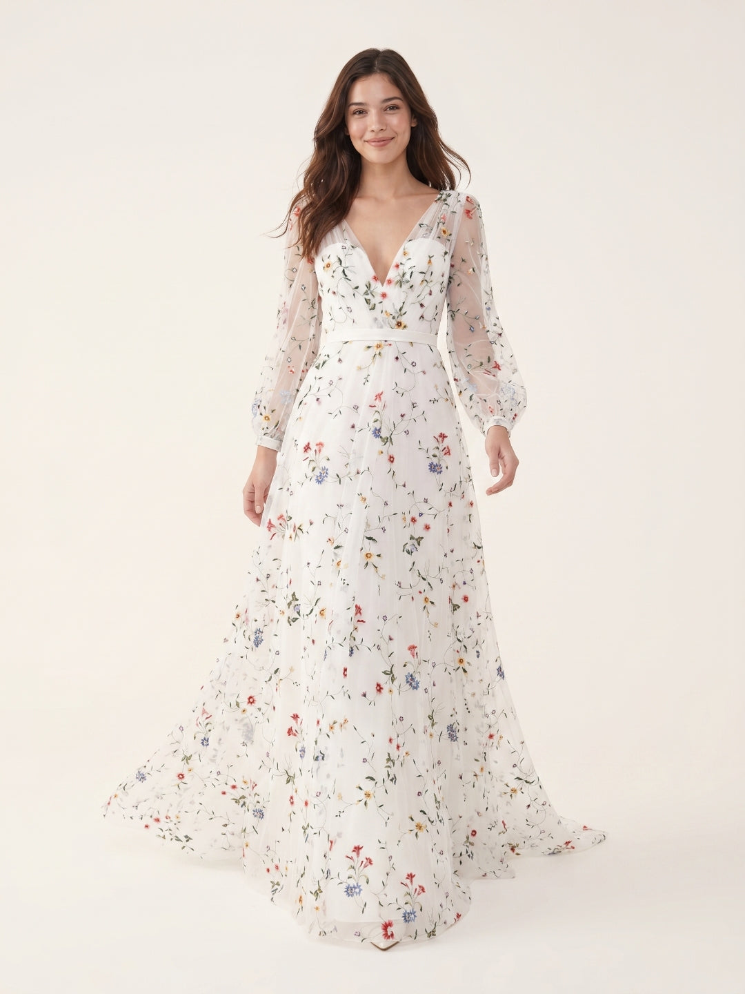 Ethereal White Tulle A-Line V-Neck V-Back Floor-Length Mother of the Bride Dress