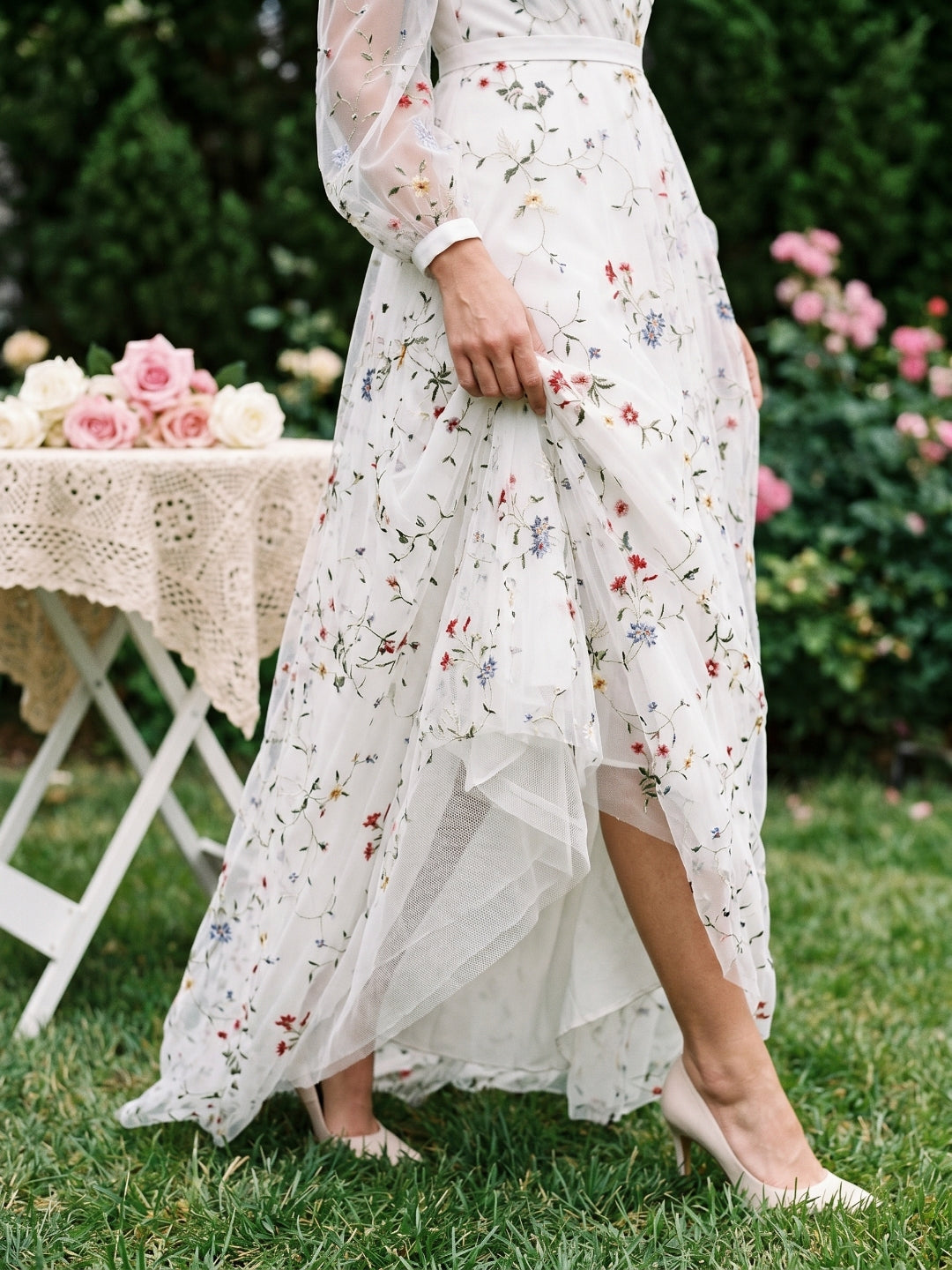 Ethereal White Tulle A-Line V-Neck V-Back Floor-Length Mother of the Bride Dress
