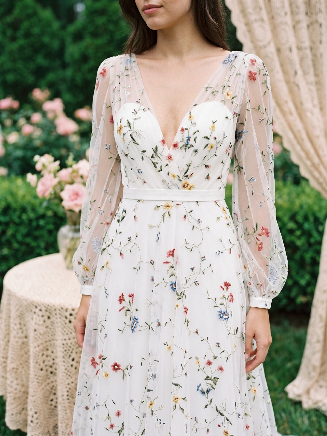 Ethereal White Tulle A-Line V-Neck V-Back Floor-Length Mother of the Bride Dress
