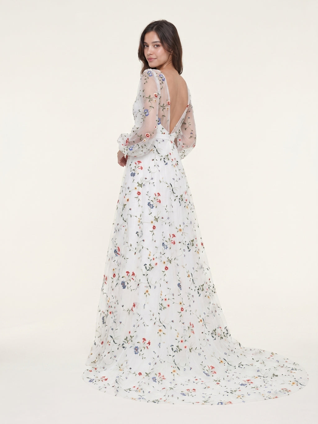 Ethereal White Tulle A-Line V-Neck V-Back Floor-Length Mother of the Bride Dress