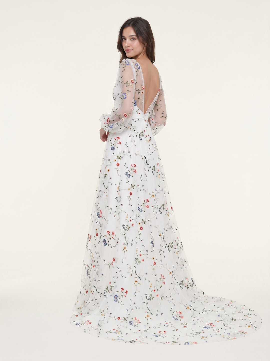 Ethereal White Tulle A-Line V-Neck V-Back Floor-Length Mother of the Bride Dress