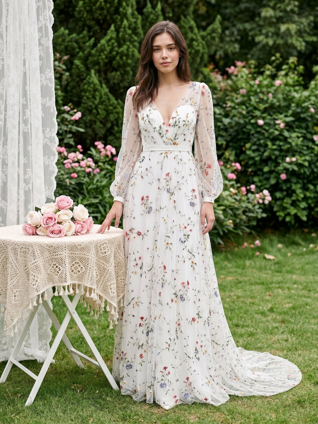 Ethereal White Tulle A-Line V-Neck V-Back Floor-Length Mother of the Bride Dress