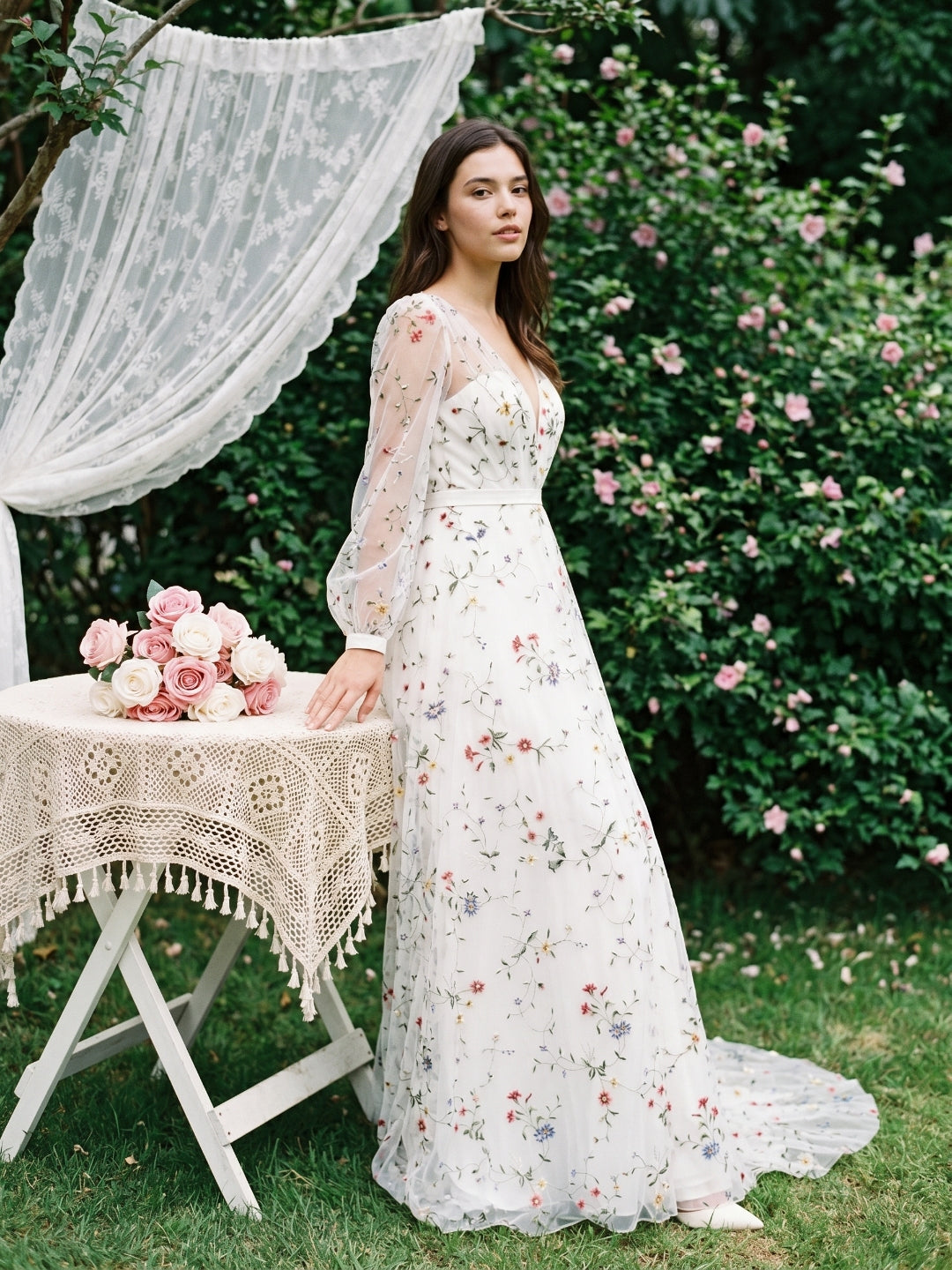 Ethereal White Tulle A-Line V-Neck V-Back Floor-Length Mother of the Bride Dress