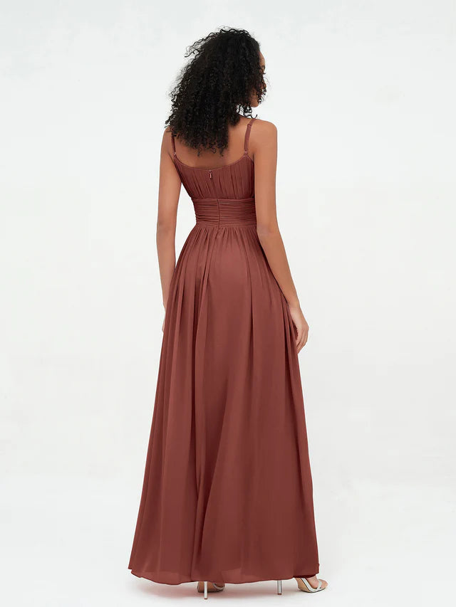 Chiffon Spaghetti-Strap Ruched Bodice Pocketed A-Line Floor-Length Bridesmaid Dresses