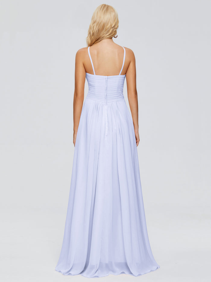 Fashion A-line Spaghetti Straps Sleeveless Pleated Chiffon Floor Length Bridesmaid Dress