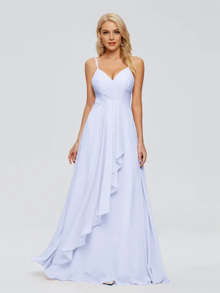 Fashion A-line Spaghetti Straps Sleeveless Pleated Chiffon Floor Length Bridesmaid Dress