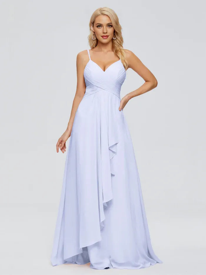 Fashion A-line Spaghetti Straps Sleeveless Pleated Chiffon Floor Length Bridesmaid Dress