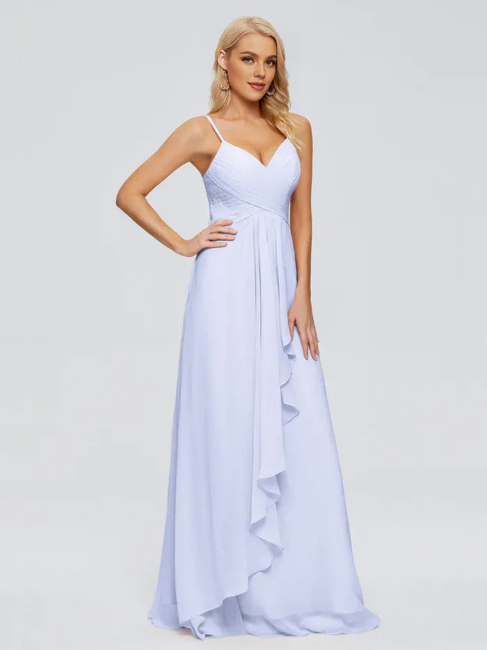 Fashion A-line Spaghetti Straps Sleeveless Pleated Chiffon Floor Length Bridesmaid Dress