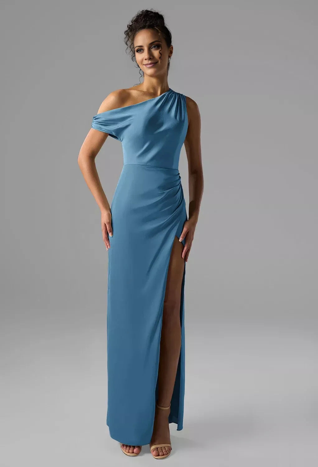 Fashion Column One Shoulder Neck Sleeveless Side Slit Back Zip Floor Length Bridesmaid Dresses