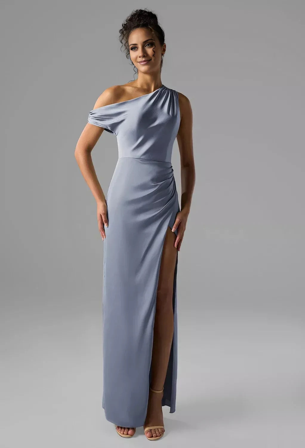 Fashion Column One Shoulder Neck Sleeveless Side Slit Back Zip Floor Length Bridesmaid Dresses