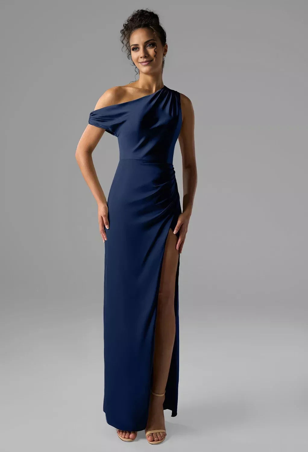 Fashion Column One Shoulder Neck Sleeveless Side Slit Back Zip Floor Length Bridesmaid Dresses