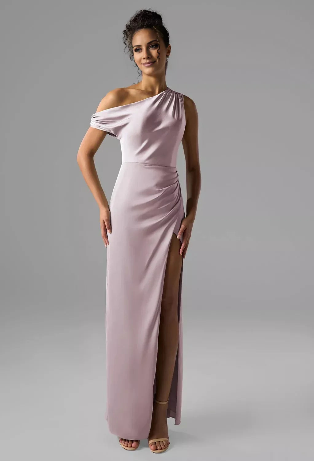 Fashion Column One Shoulder Neck Sleeveless Side Slit Back Zip Floor Length Bridesmaid Dresses
