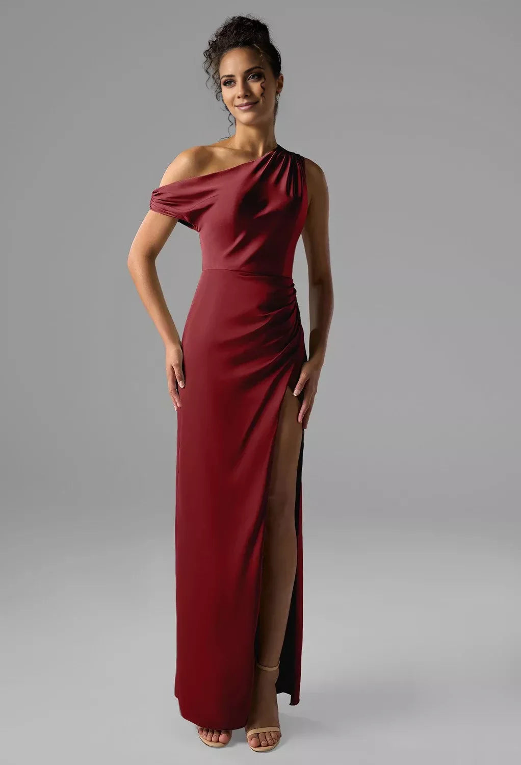 Fashion Column One Shoulder Neck Sleeveless Side Slit Back Zip Floor Length Bridesmaid Dresses
