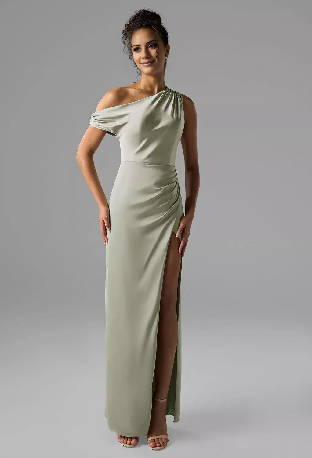 Fashion Column One Shoulder Neck Sleeveless Side Slit Back Zip Floor Length Bridesmaid Dresses