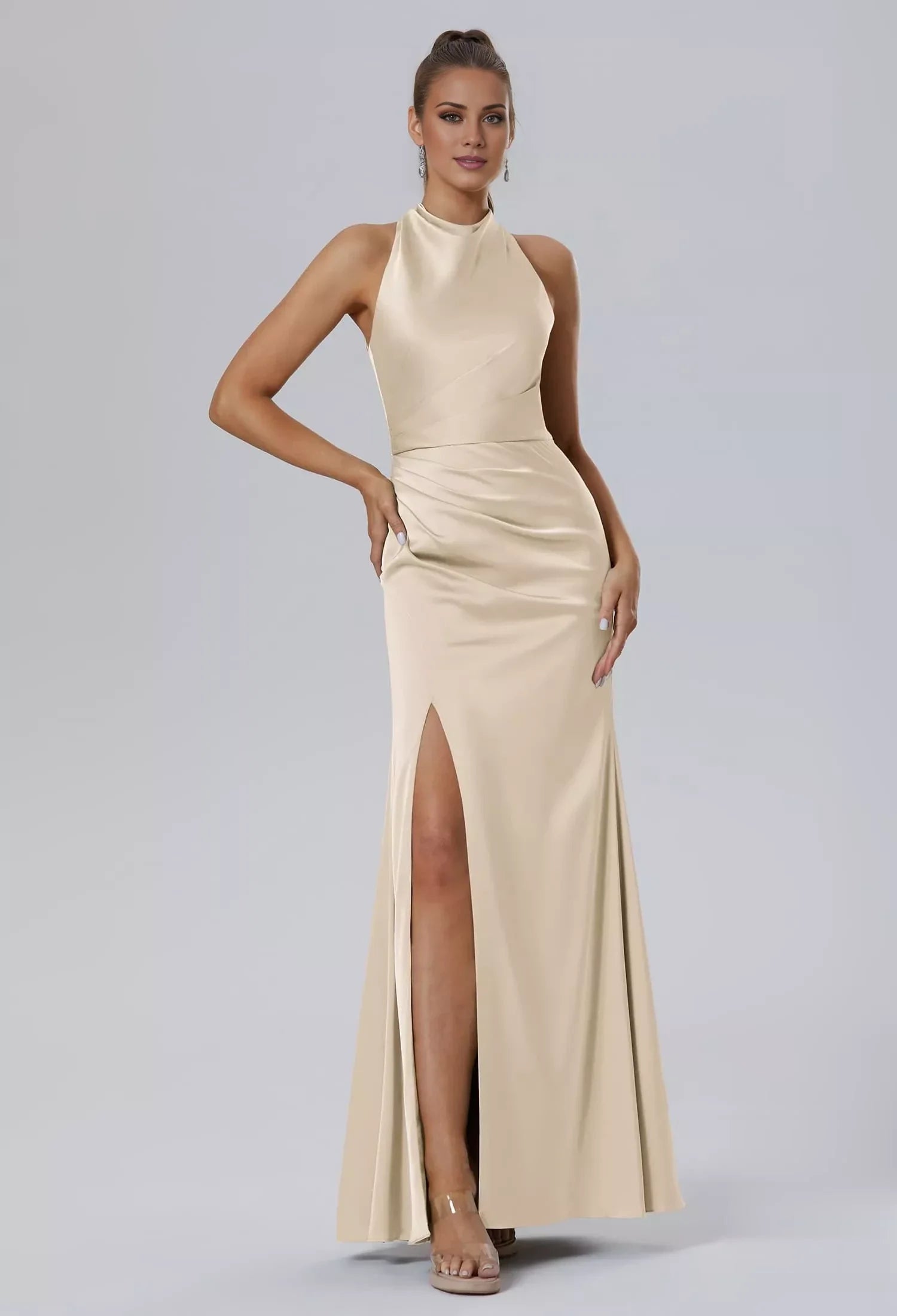 Fashion Mermaid Bateau Neck Sleeveless Side Slit Back Zip Floor Length Bridesmaid Dresses
