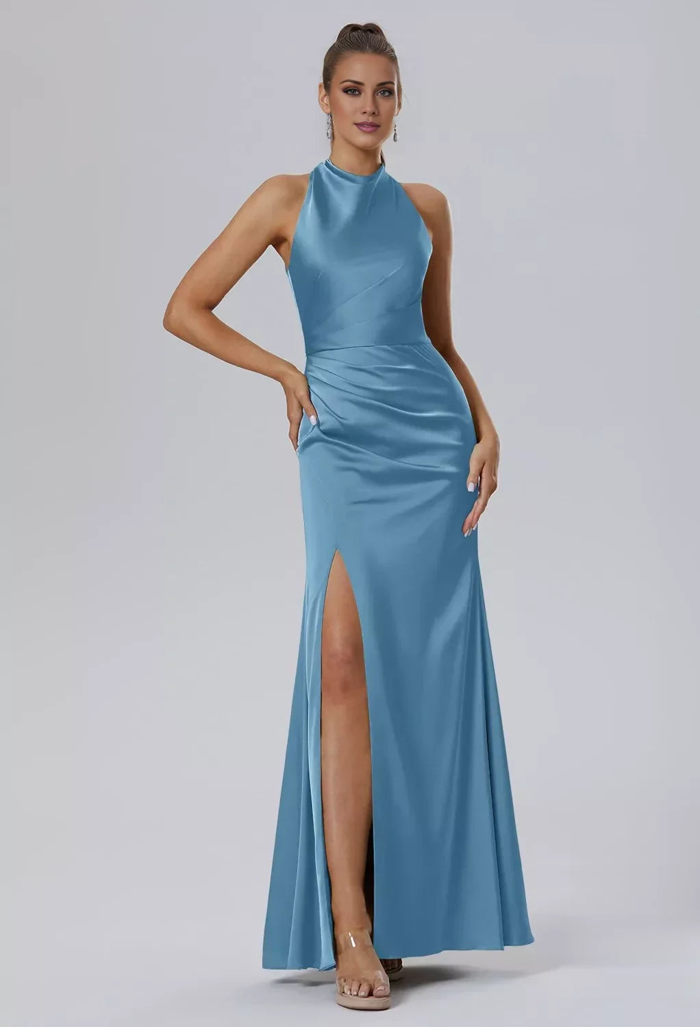 Fashion Mermaid Bateau Neck Sleeveless Side Slit Back Zip Floor Length Bridesmaid Dresses