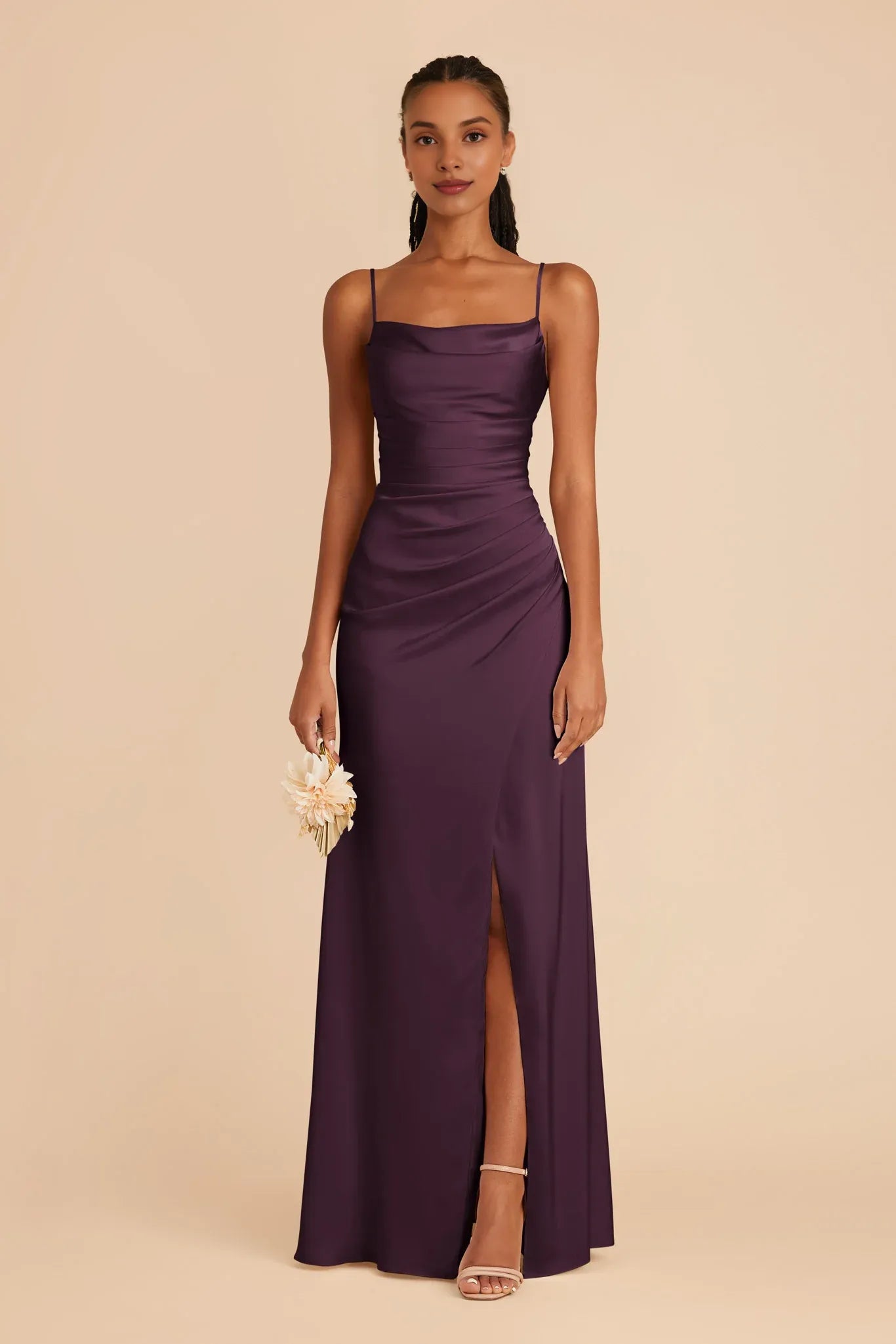 Fashion Plum Spaghetti Straps Pleated Satin Maxi Bridesmaid Dress