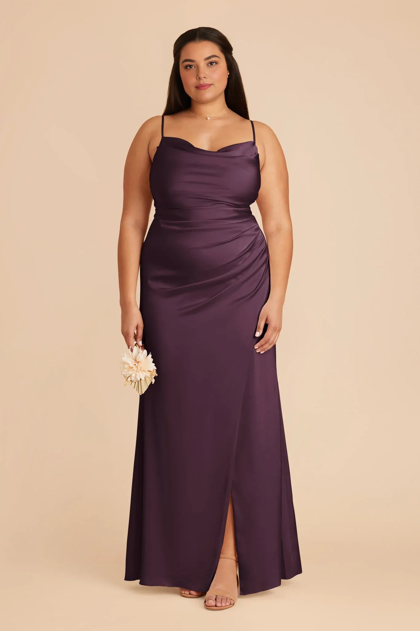 Fashion Plum Spaghetti Straps Pleated Satin Maxi Bridesmaid Dress