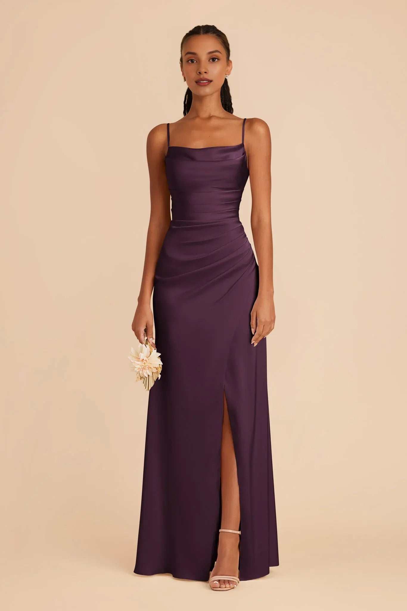 Fashion Plum Spaghetti Straps Pleated Satin Maxi Bridesmaid Dress
