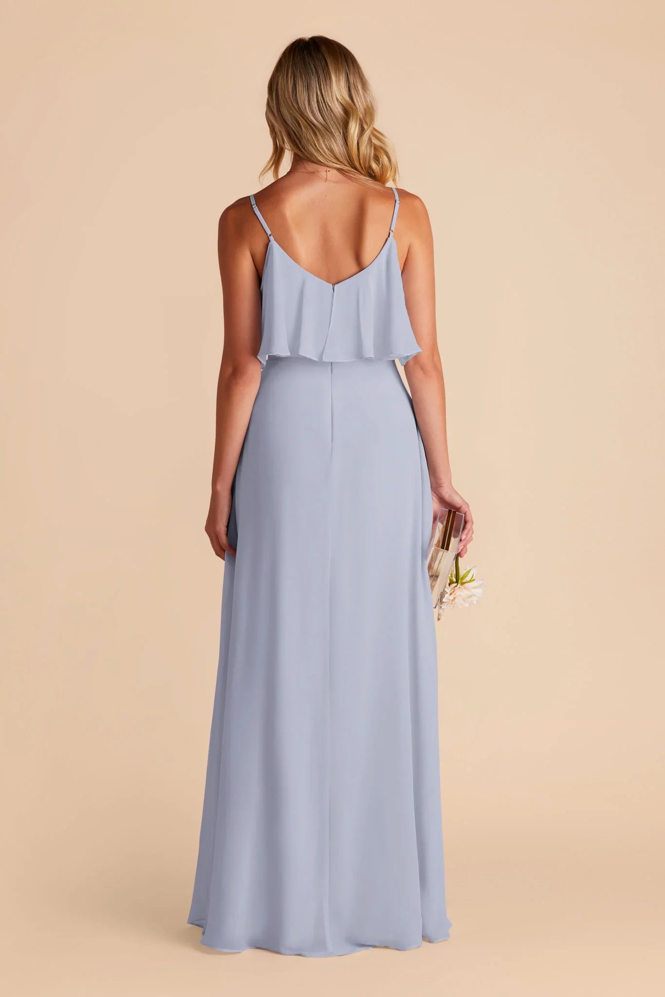 Feminine Dusty Blue Chiffon Ruffle-Overlay Spaghetti-Strap Evening-Length Bridesmaid Gown