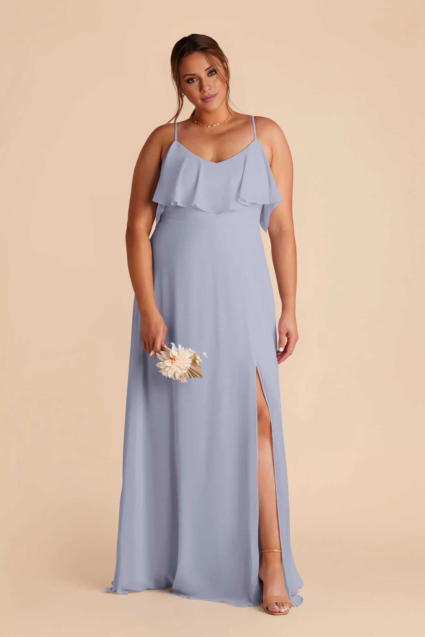 Feminine Dusty Blue Chiffon Ruffle-Overlay Spaghetti-Strap Evening-Length Bridesmaid Gown