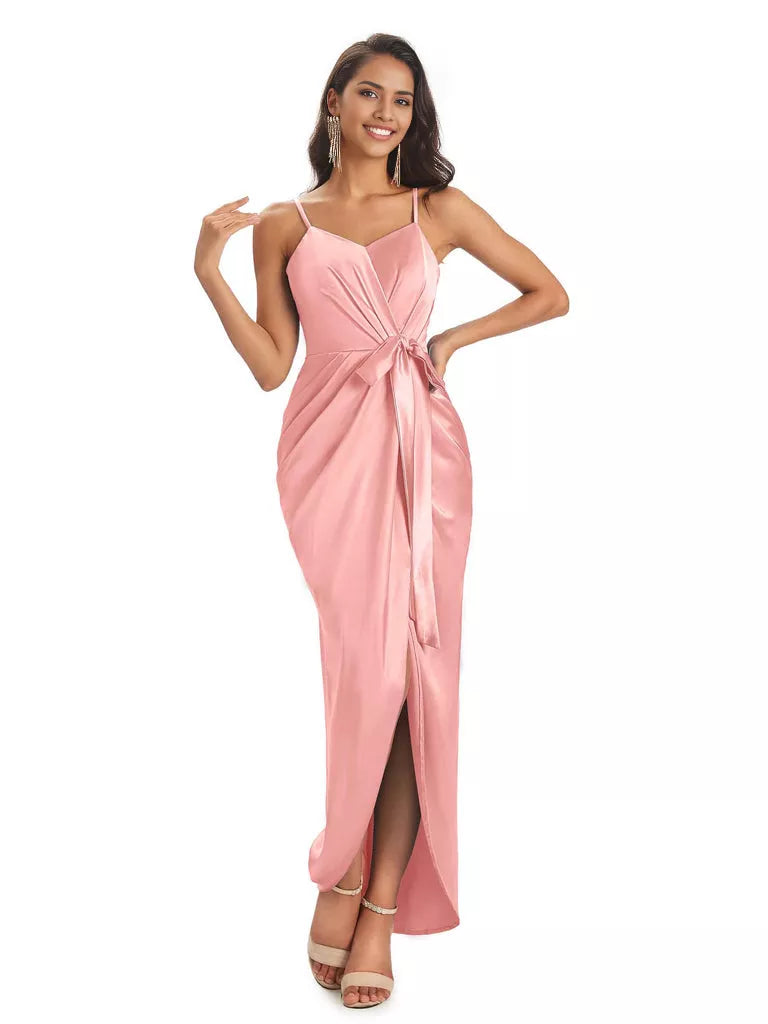 High Low Spaghetti Straps V-neck Mermaid Asymmetrical Soft Satin Bridesmaid Dresses