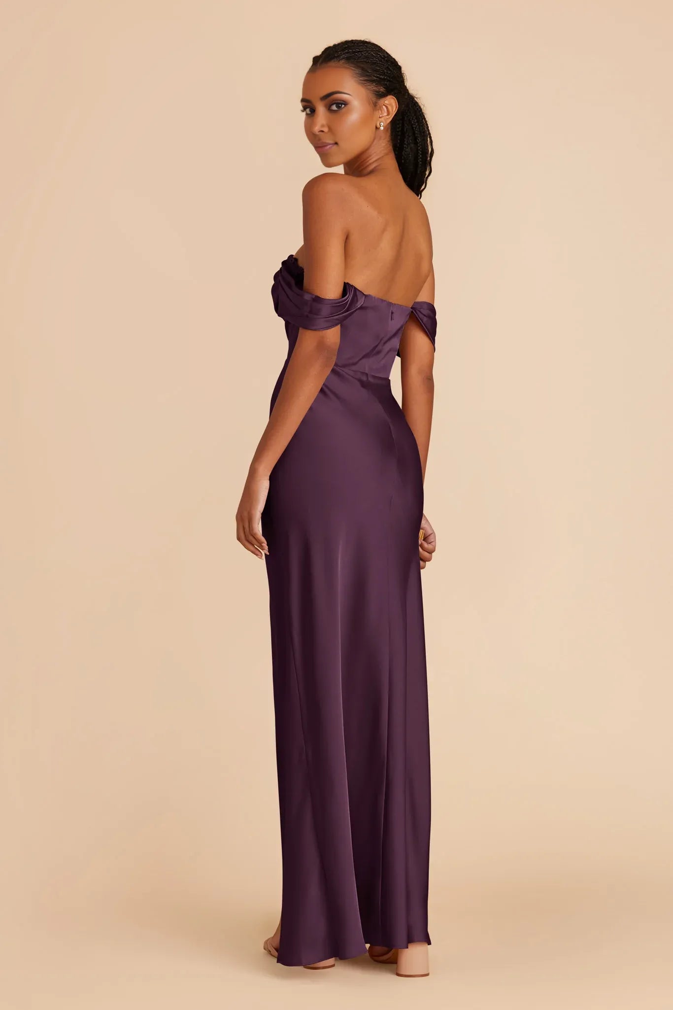 Flowy Plum Off the Shoulder Sleeveless Satin Maxi Bridesmaid Dress