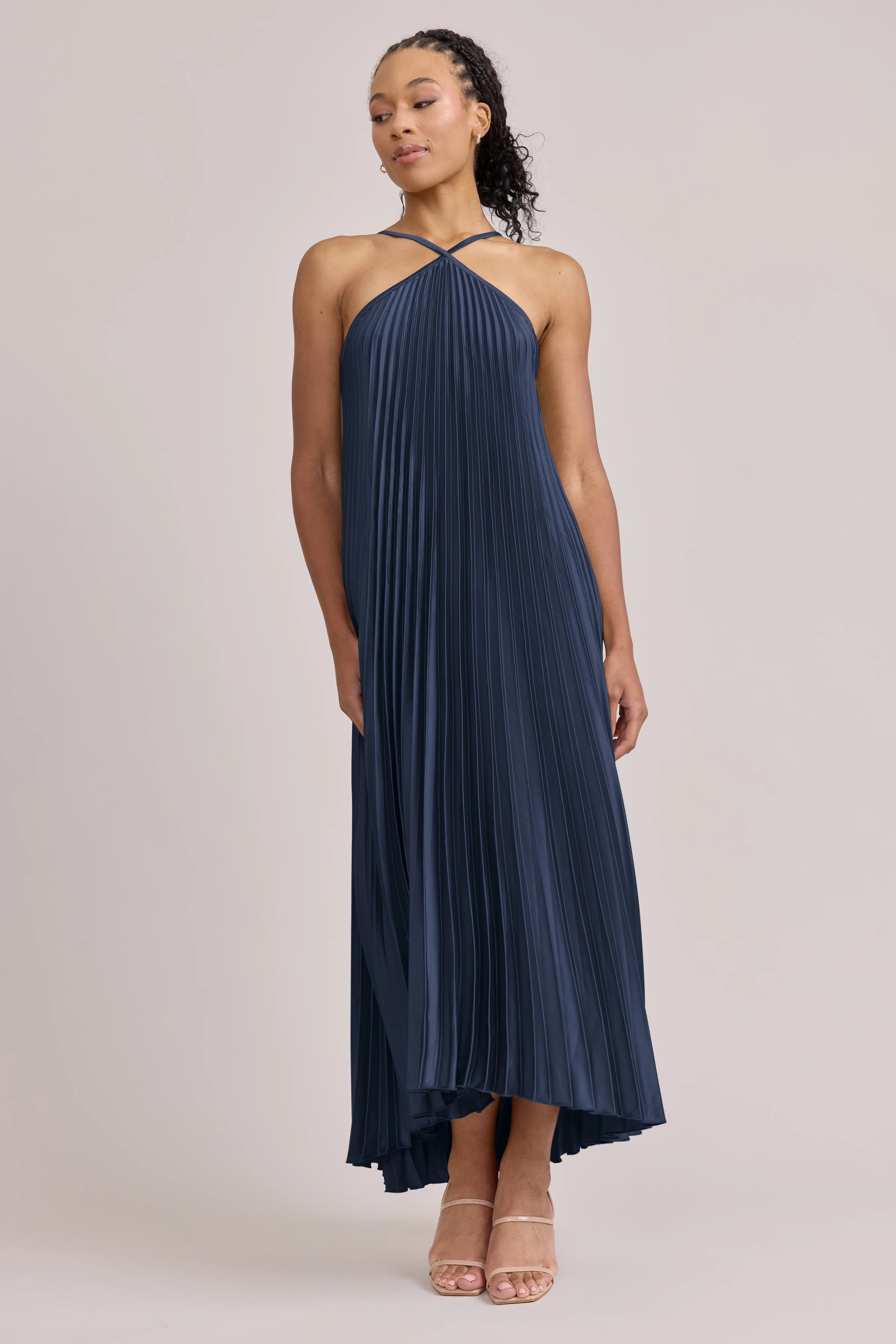Flowy Halter Neck Navy Blue Pleated Satin Bridesmaid Dress with High-Low Hem & Adjustable Straps