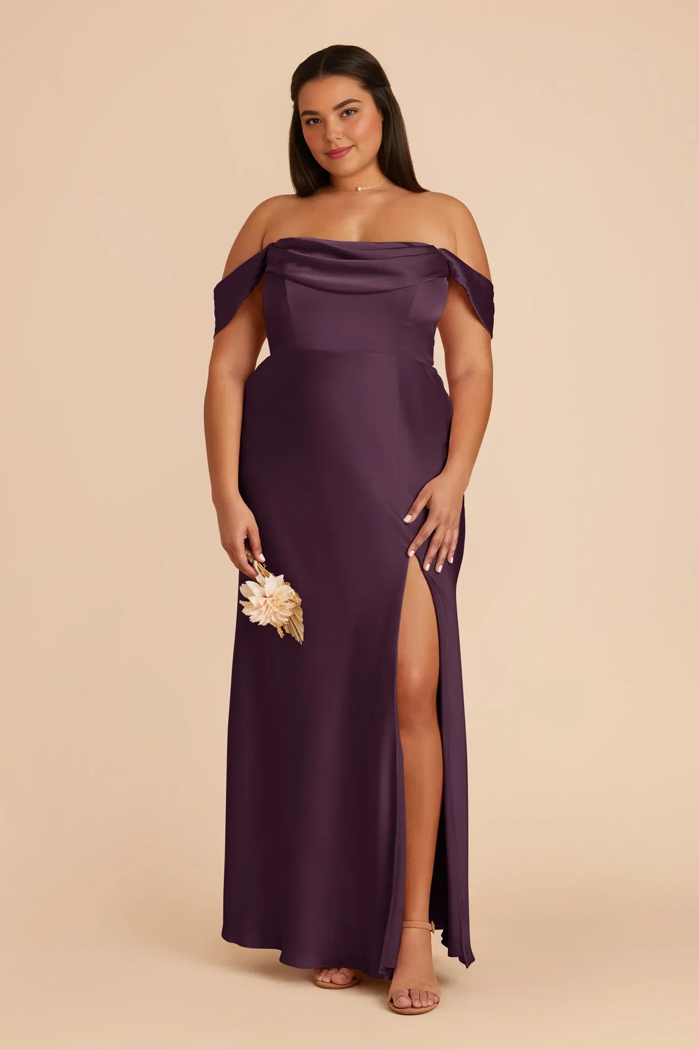Flowy Plum Off the Shoulder Sleeveless Satin Maxi Bridesmaid Dress