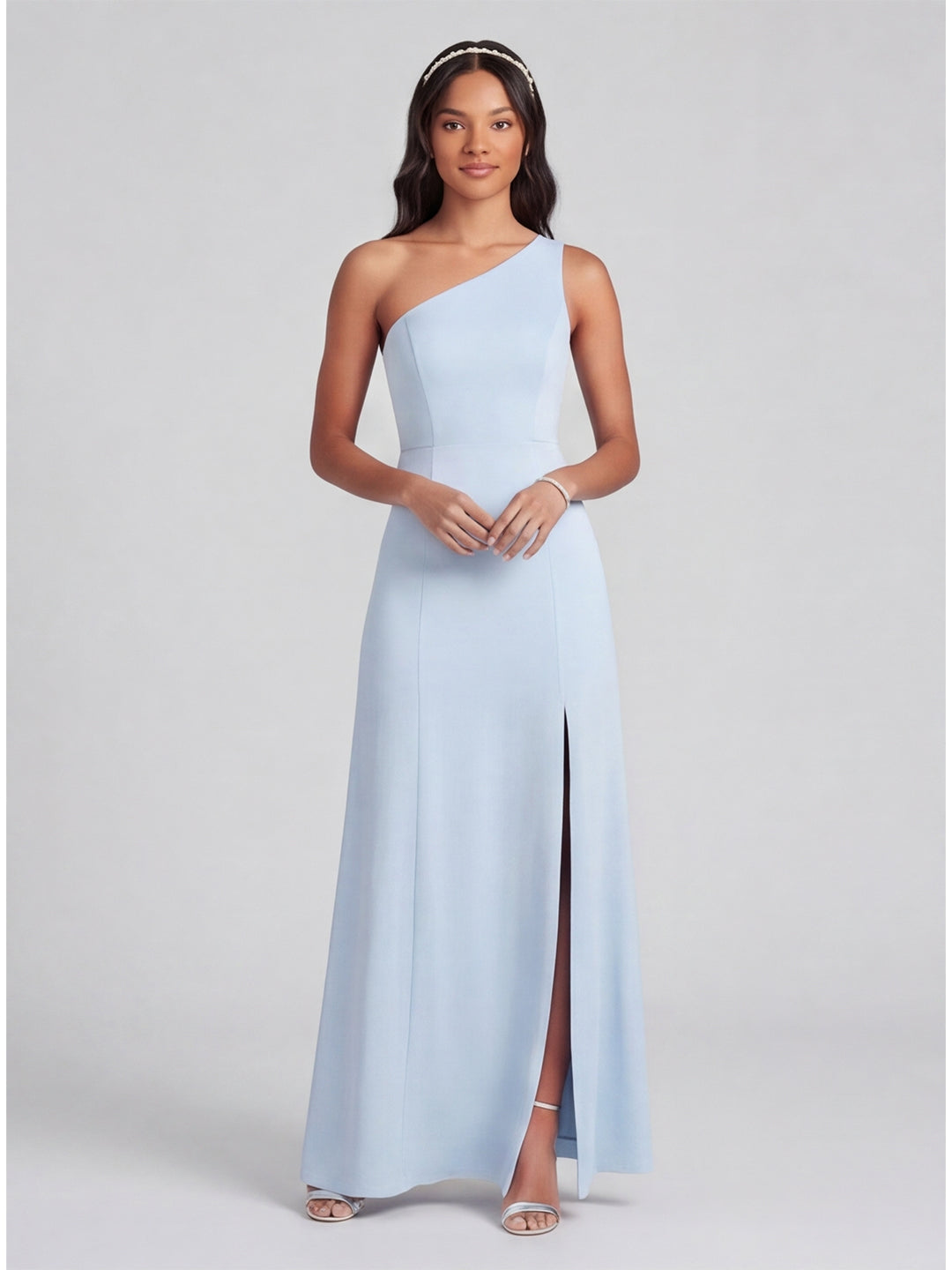 Fluid Sky Blue Matte Satin A-Line One Shoulder Side Zip Ankle-Length Bridesmaid Dress