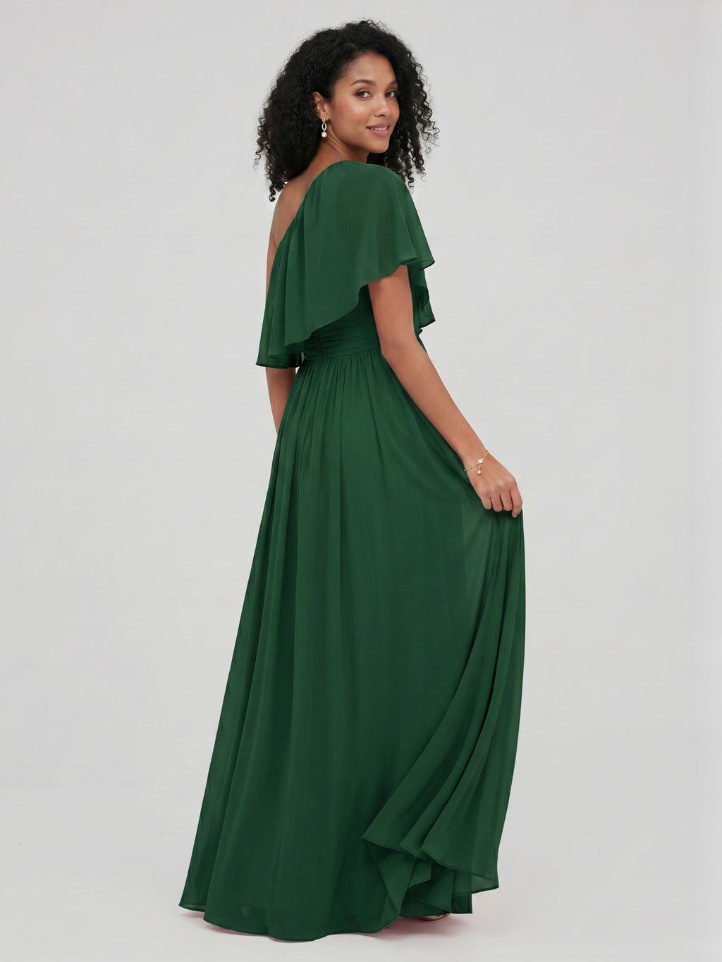 Coquette Forest Green Chiffon A-Line One Shoulder Backless with Pleated Ankle-Length Bridesmaid Dress