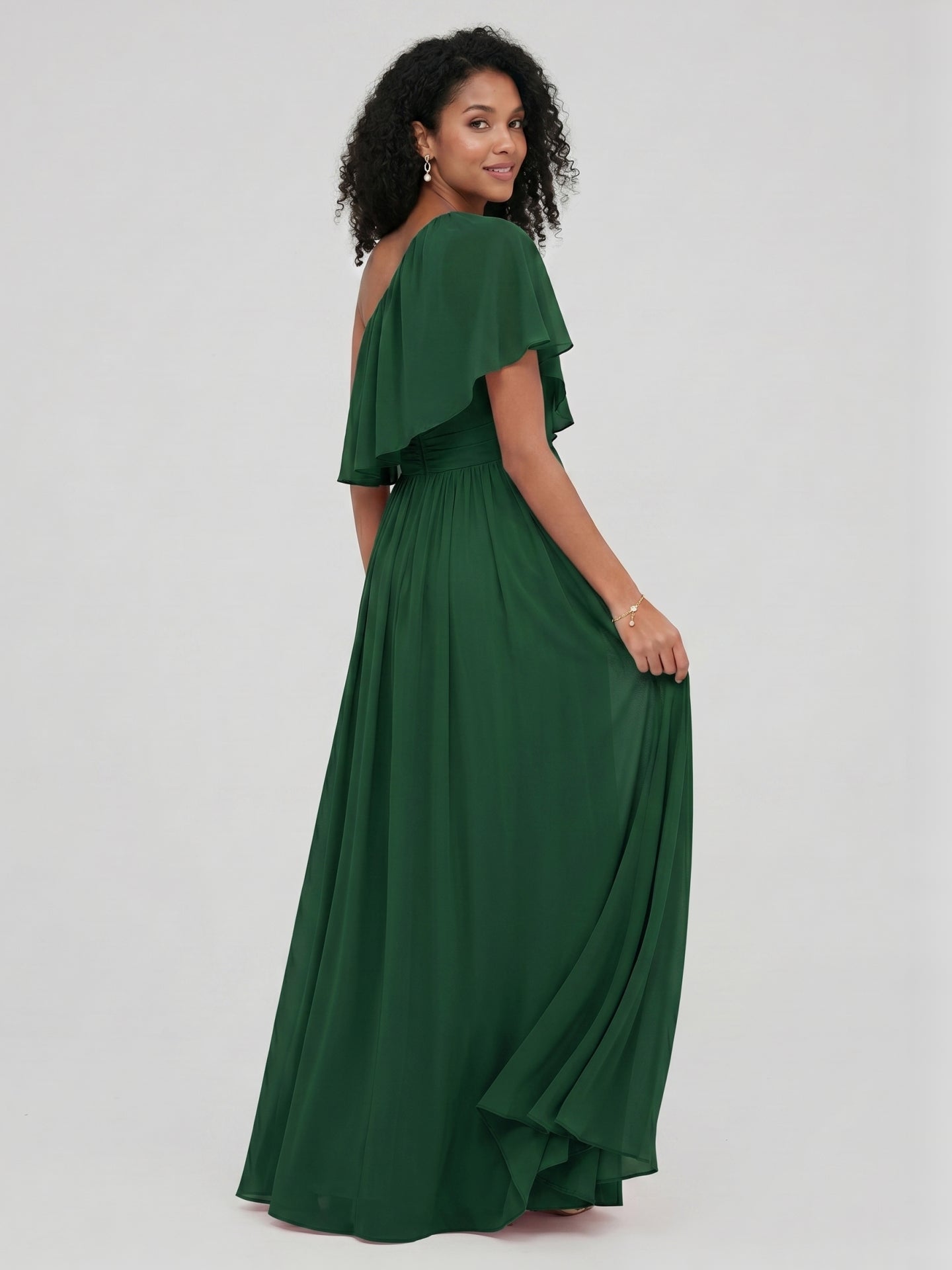 Coquette Forest Green Chiffon A-Line One Shoulder Backless with Pleated Ankle-Length Bridesmaid Dress