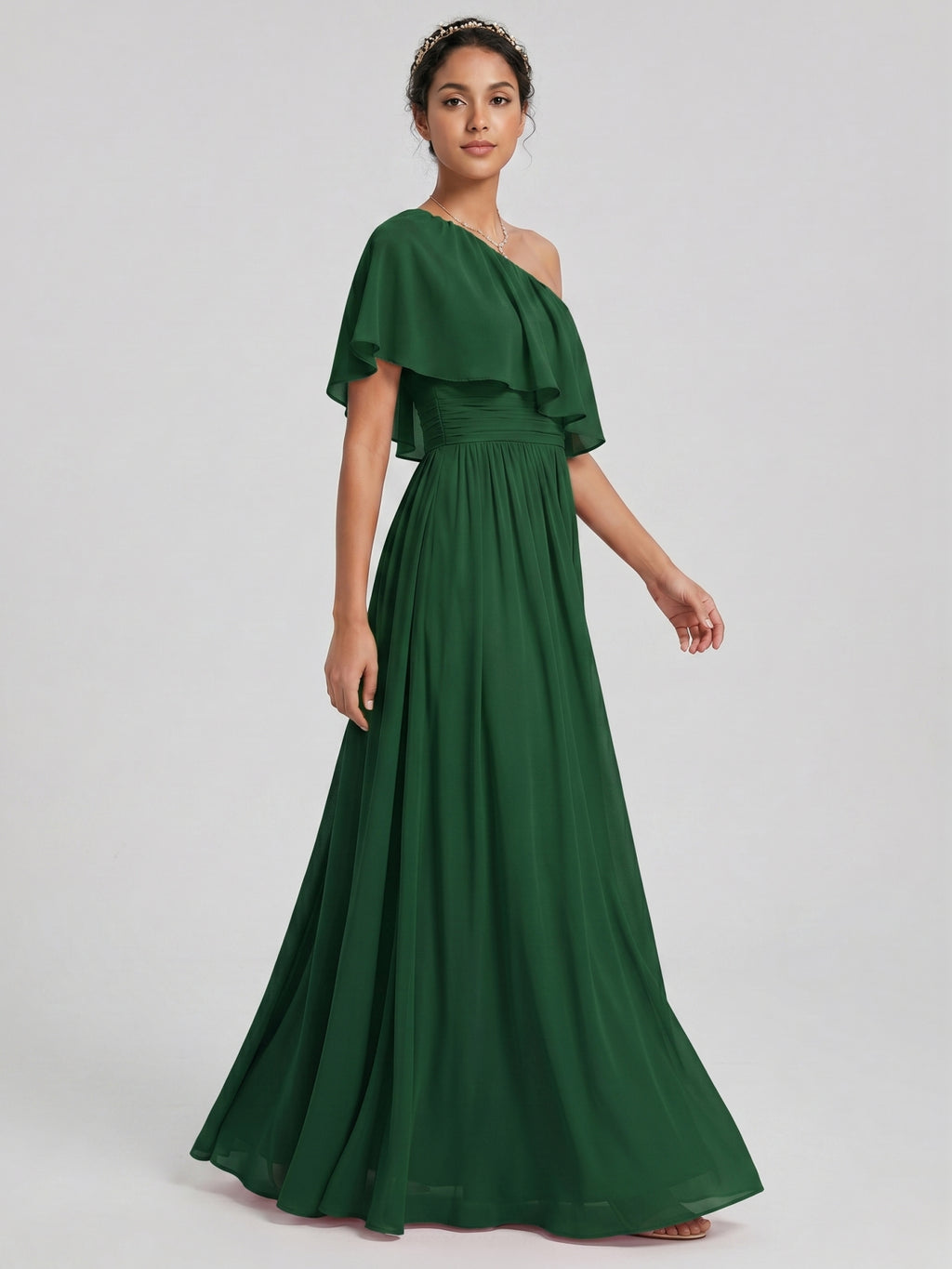 Coquette Forest Green Chiffon A-Line One Shoulder Backless with Pleated Ankle-Length Bridesmaid Dress