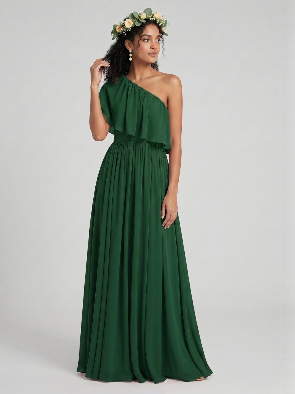 Coquette Forest Green Chiffon A-Line One Shoulder Backless with Pleated Ankle-Length Bridesmaid Dress
