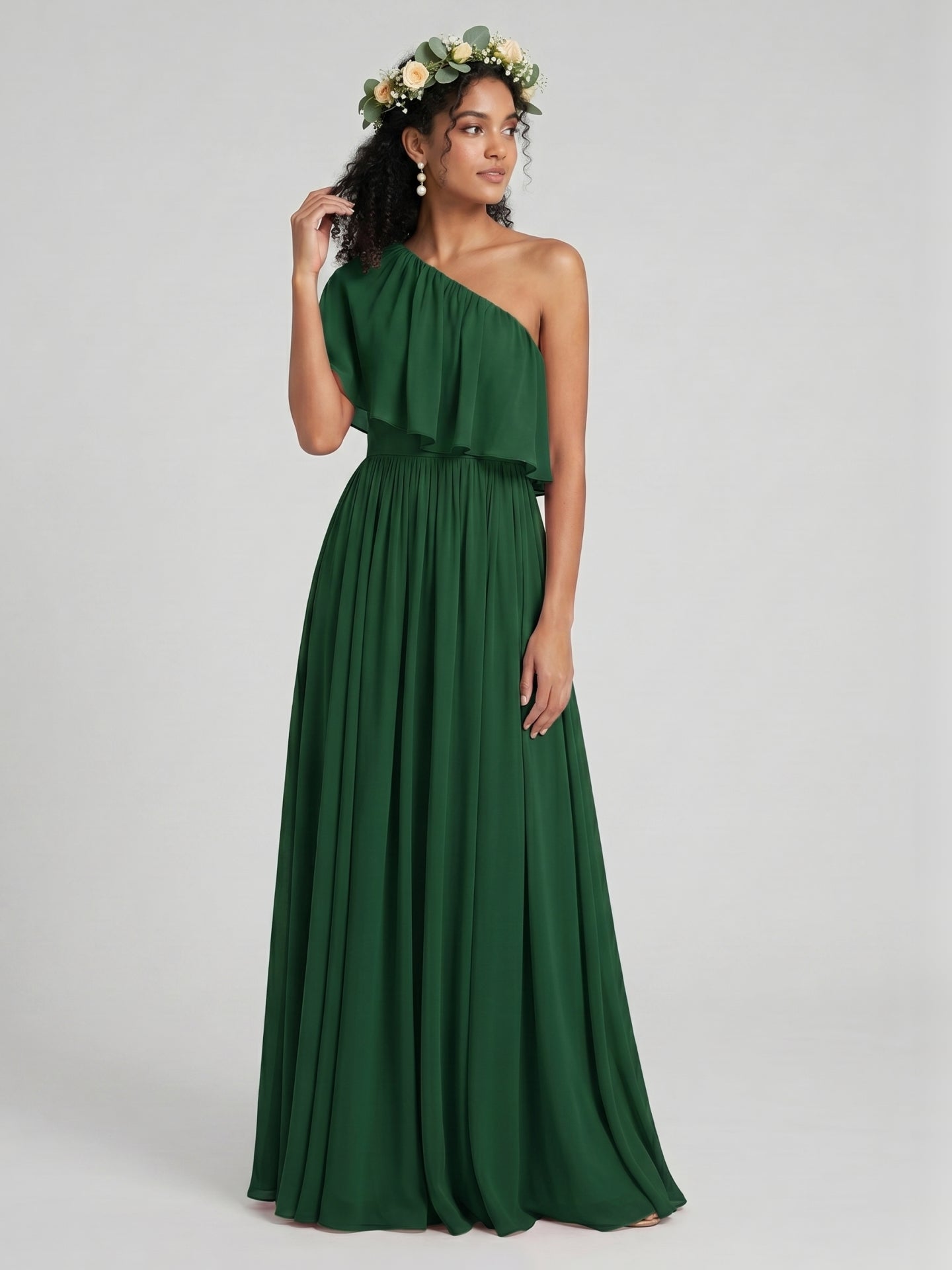 Coquette Forest Green Chiffon A-Line One Shoulder Backless with Pleated Ankle-Length Bridesmaid Dress