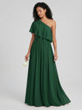 Coquette Forest Green Chiffon A-Line One Shoulder Backless with Pleated Ankle-Length Bridesmaid Dress
