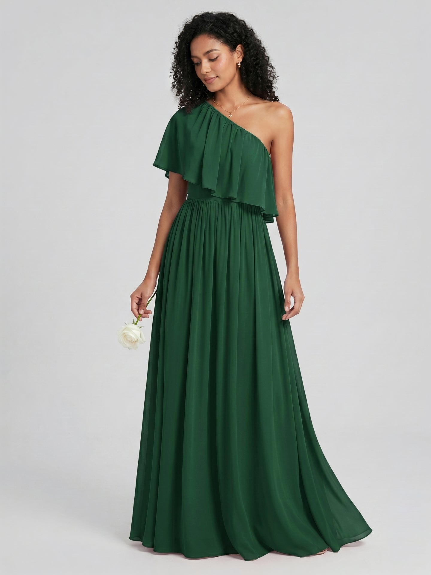 Coquette Forest Green Chiffon A-Line One Shoulder Backless with Pleated Ankle-Length Bridesmaid Dress
