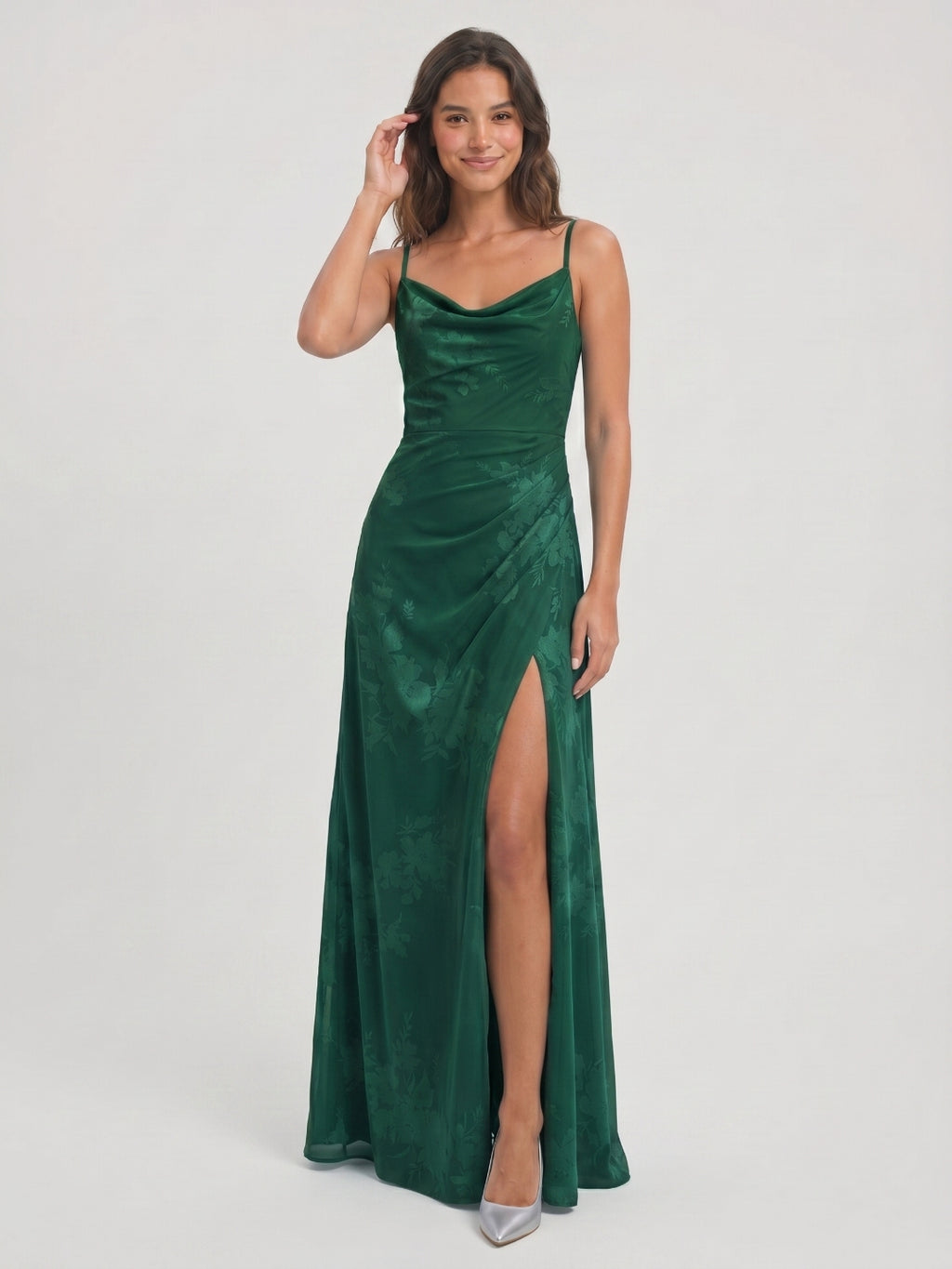 Forest Green Chiffon A-Line Cowl Neck Back Zip Floor-Length Bridesmaid Dress with Pleating