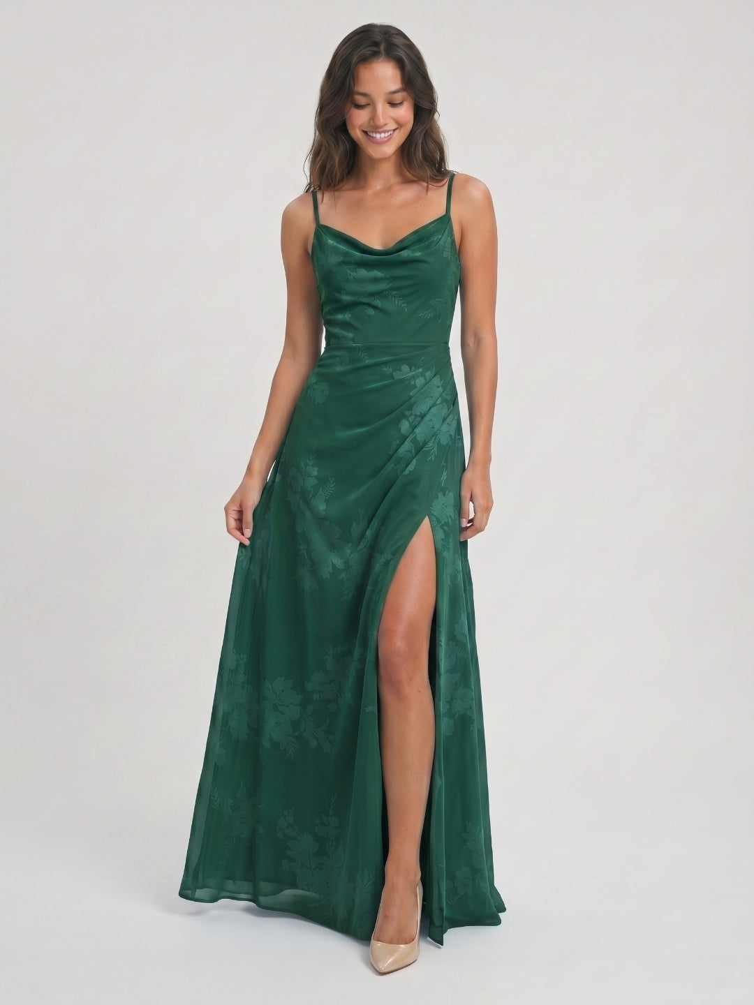 Forest Green Chiffon A-Line Cowl Neck Back Zip Floor-Length Bridesmaid Dress with Pleating