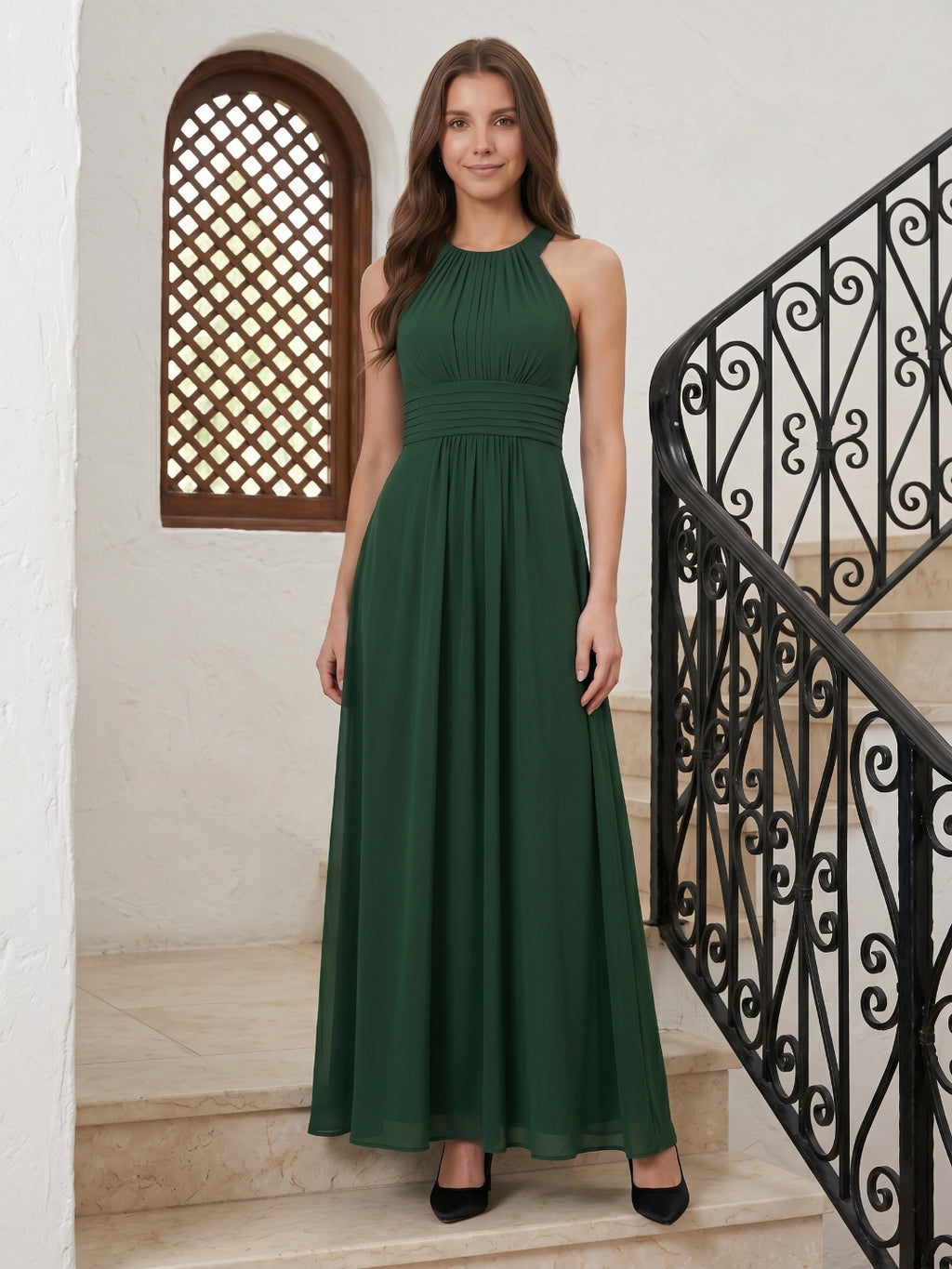 Forest Green Chiffon A-Line Halter Back Zip Floor-Length Pleated Bridesmaid Dress