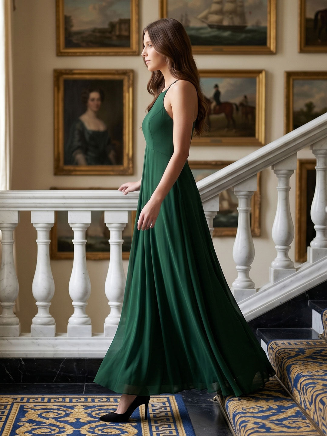 Forest Green Chiffon A-Line Halter Back Zip Floor-Length Ruffle Bridesmaid Dress