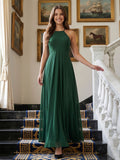 Forest Green Chiffon A-Line Halter Back Zip Floor-Length Ruffle Bridesmaid Dress