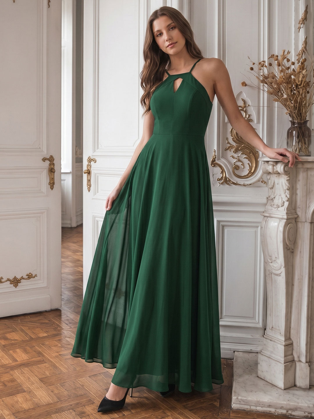 Forest Green Chiffon A-Line Halter Backless Floor-Length Bridesmaid Dress