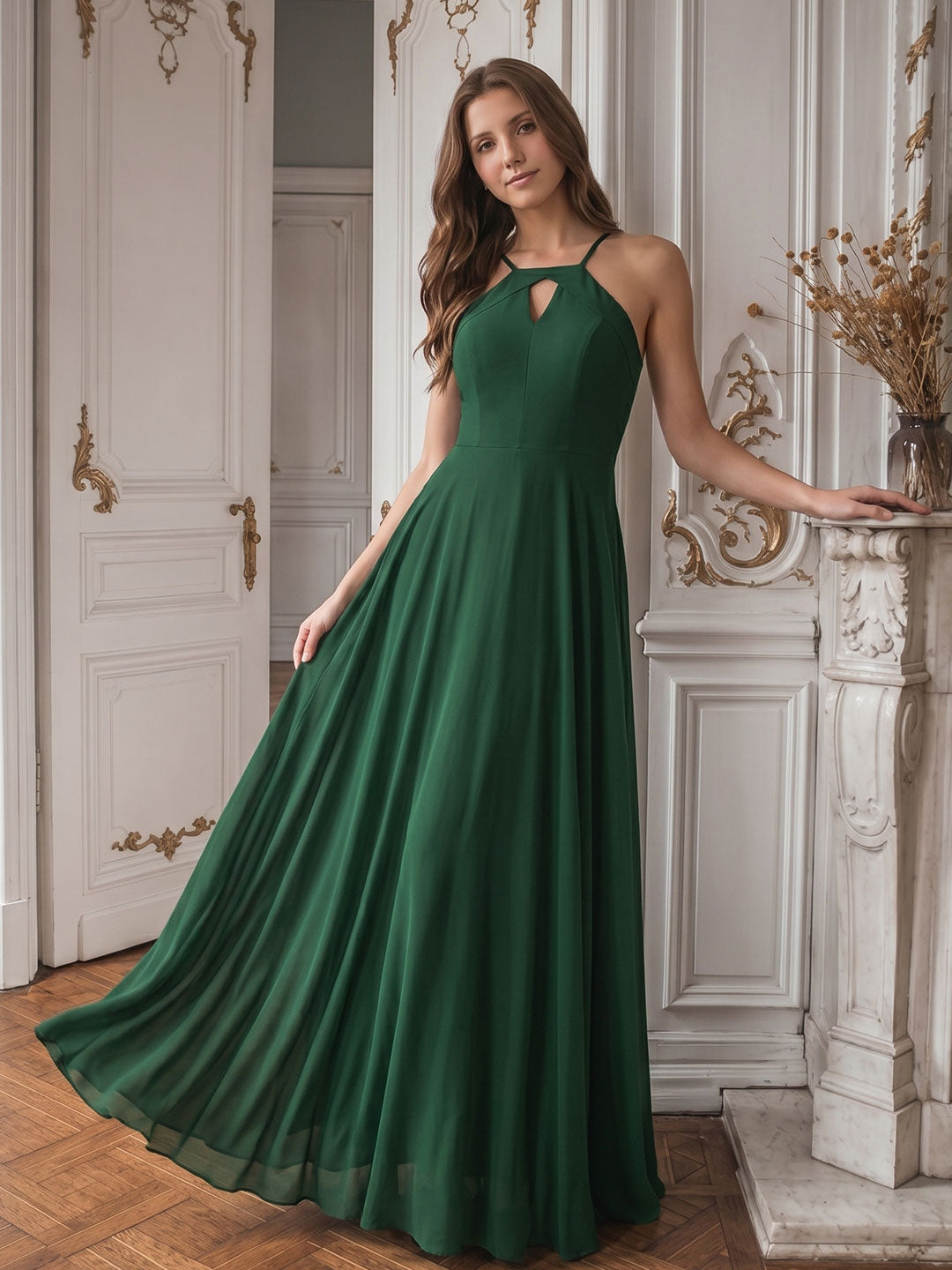 Forest Green Chiffon A-Line Halter Backless Floor-Length Bridesmaid Dress