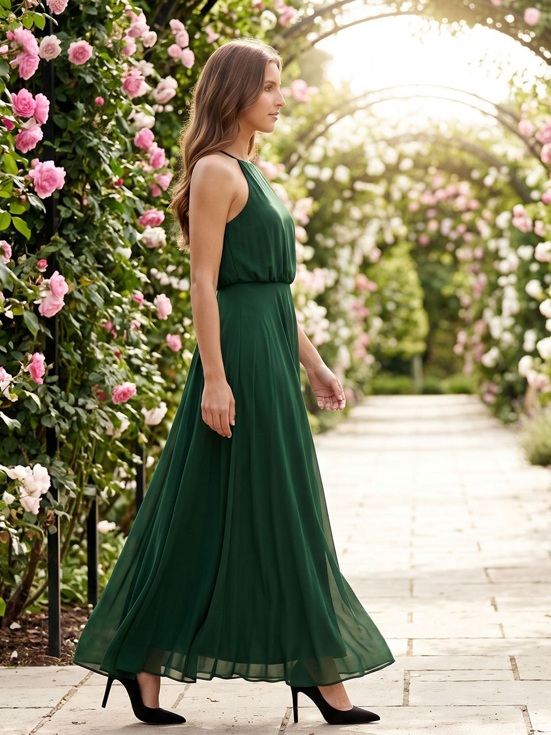 Forest Green Chiffon A-Line Halter Backless Floor-Length Pleated Bridesmaid Dress