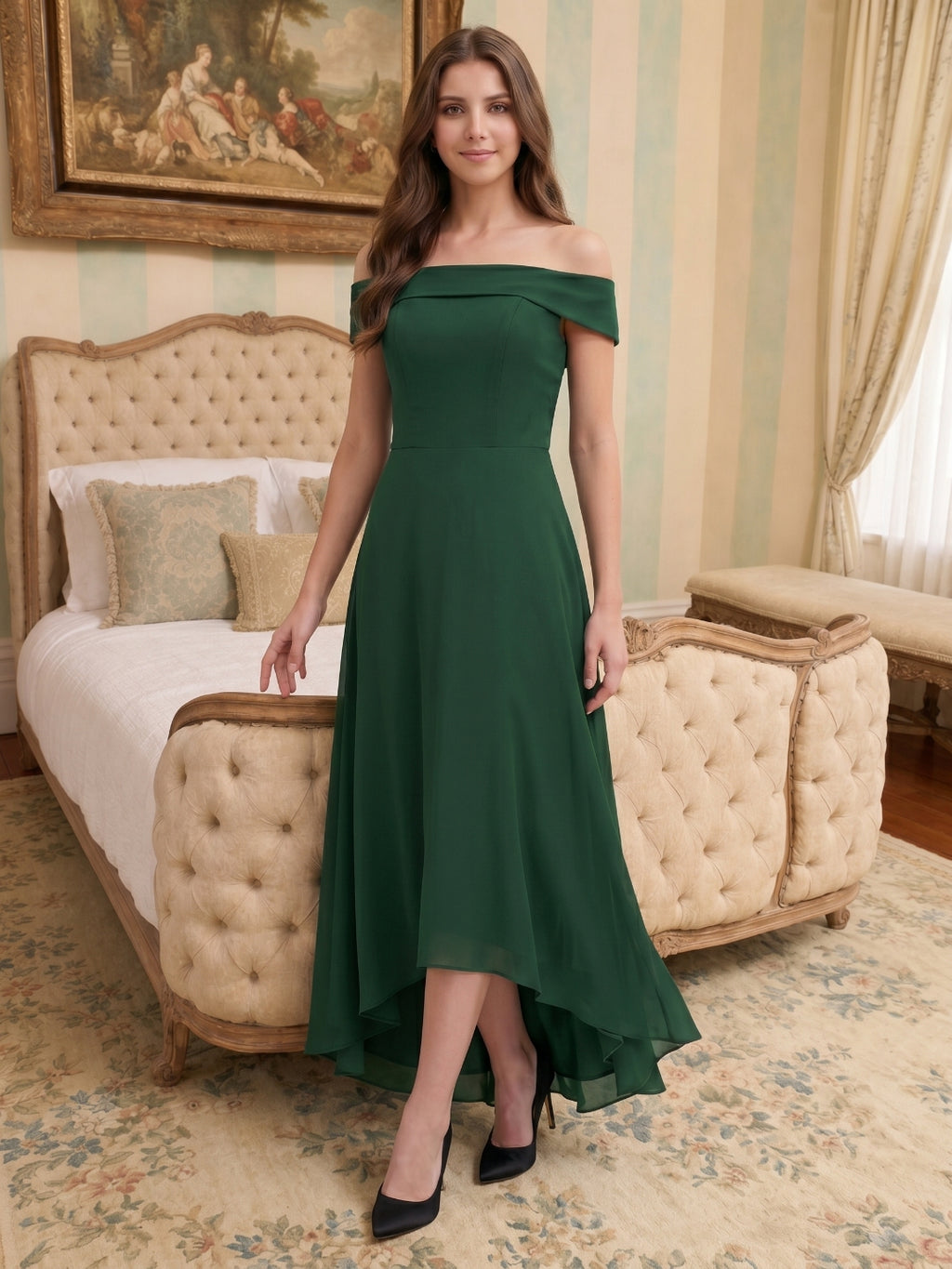 Forest Green Chiffon A-Line Off-the-Shoulder Back Zip Asymmetrical Bridesmaid Dress