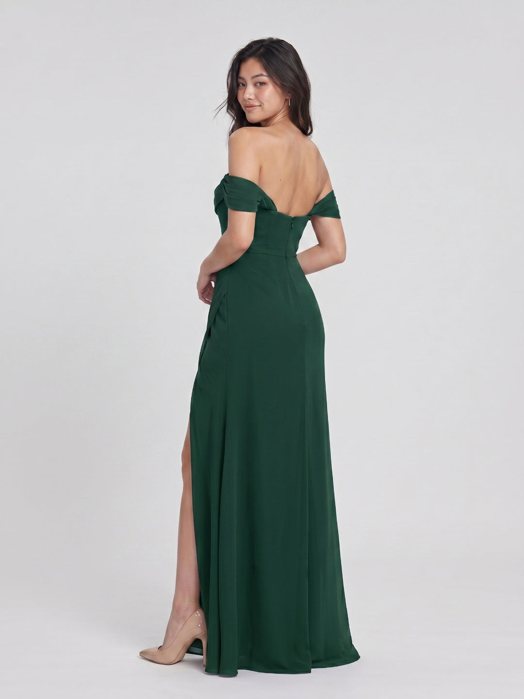 Forest Green Chiffon A-Line Off-the-Shoulder Back Zip Floor-Length Bridesmaid Dress with Pleating