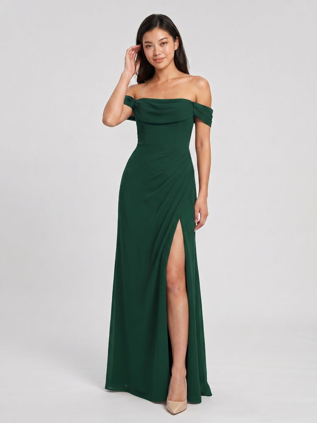 Forest Green Chiffon A-Line Off-the-Shoulder Back Zip Floor-Length Bridesmaid Dress with Pleating